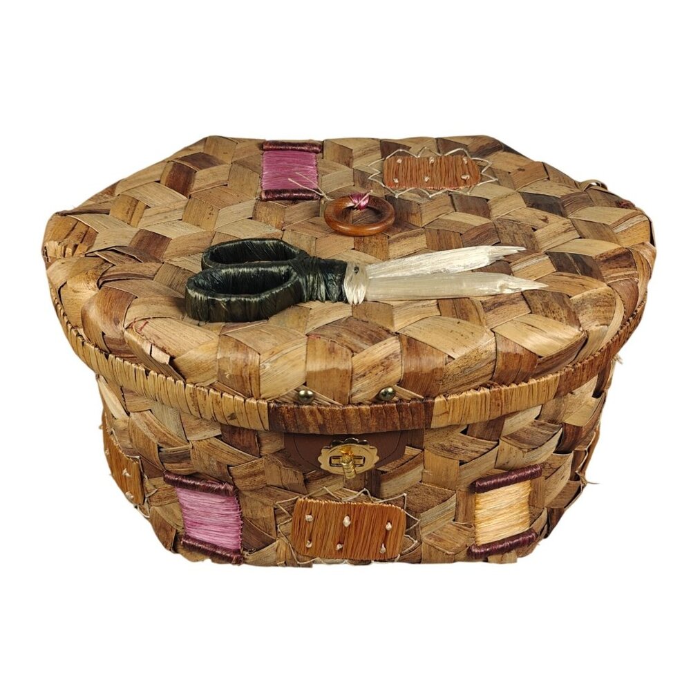 Vintage Handwoven Wicker Sewing Basket With Lid & Decorative Accents